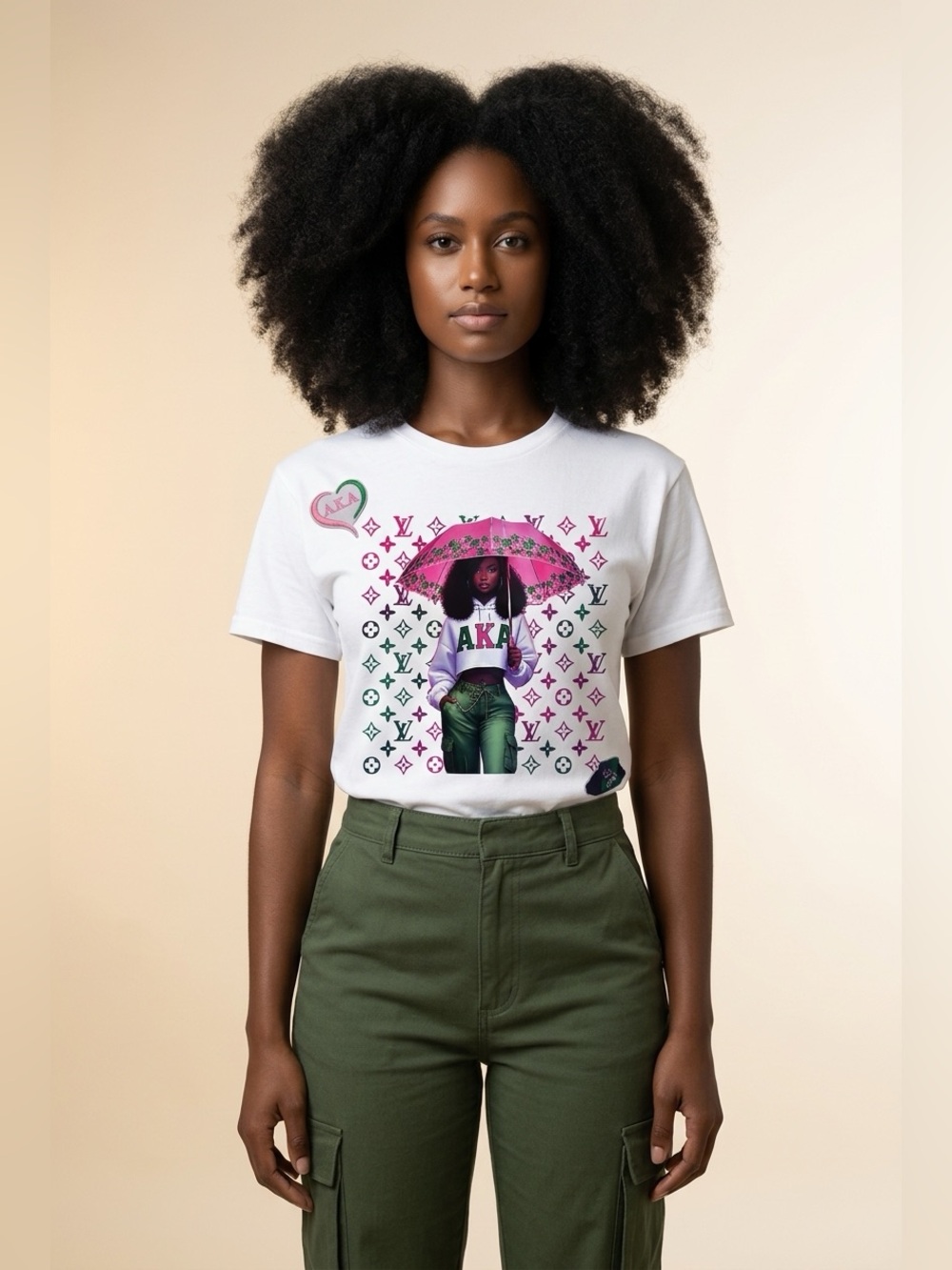 Upcycled AKA White cut up and patch Graphic Tee with Pink & Green Print size L